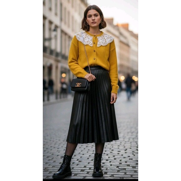 RARE Maeve Anthropologie Yellow Cardigan S Cropped Lace Collar Flower Button - Picture 1 of 13